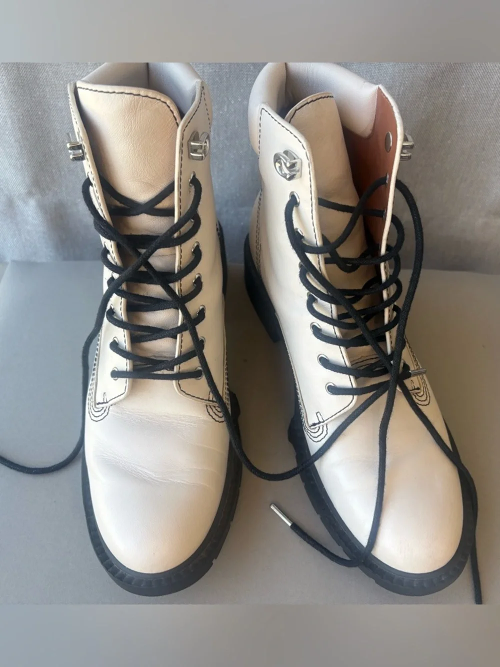 Coach White Leather Combat Boots with Black Laces - Picture 12 of 16